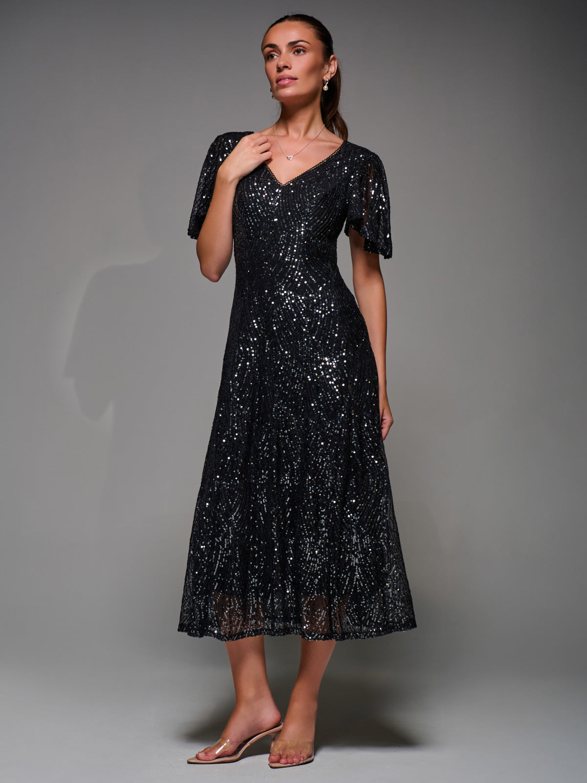 Sequin Angel Sleeve Fit & Flare Midaxi Dress Detail View