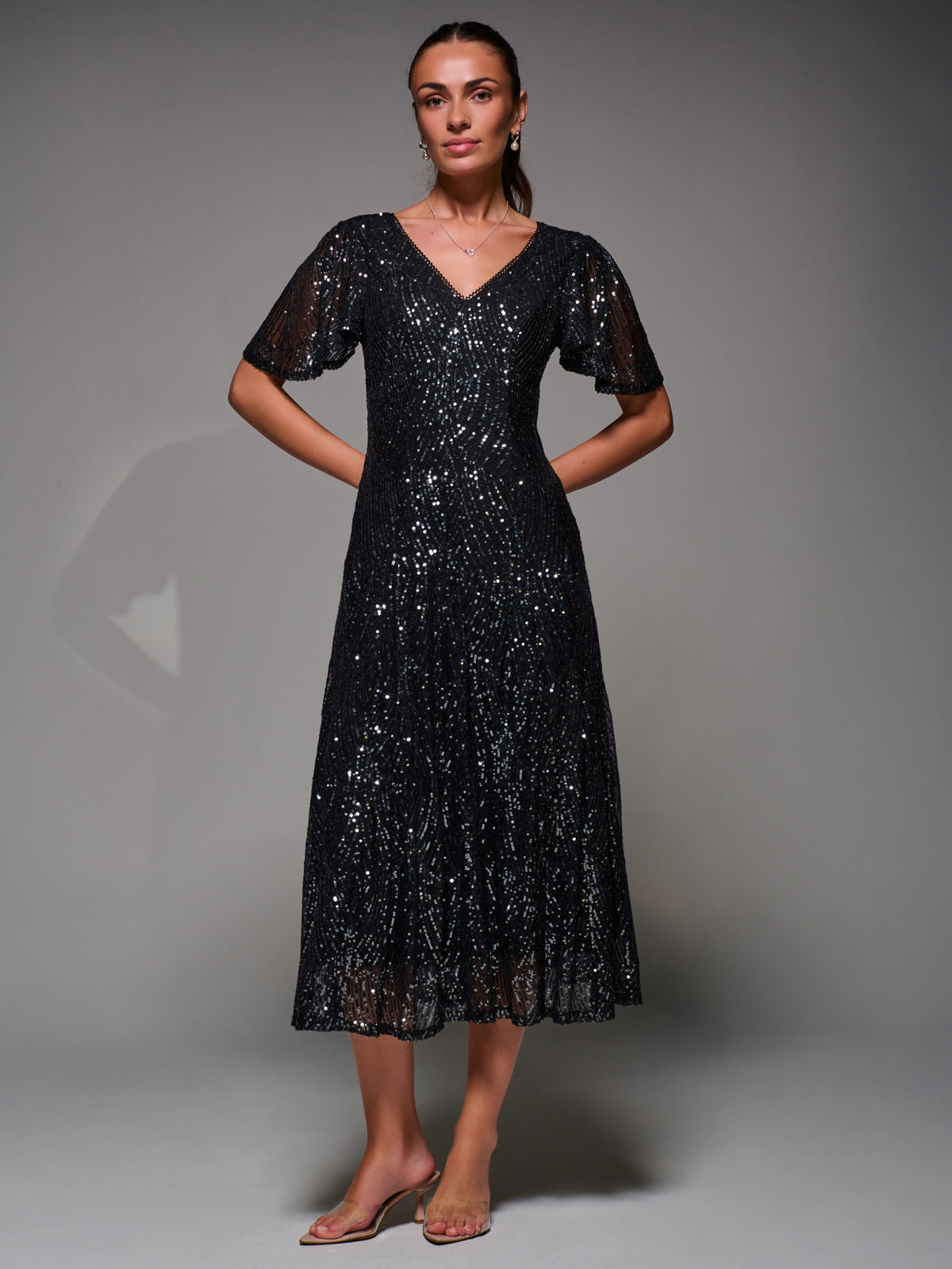 Sequin Angel Sleeve Fit & Flare Midaxi Dress Full Length View