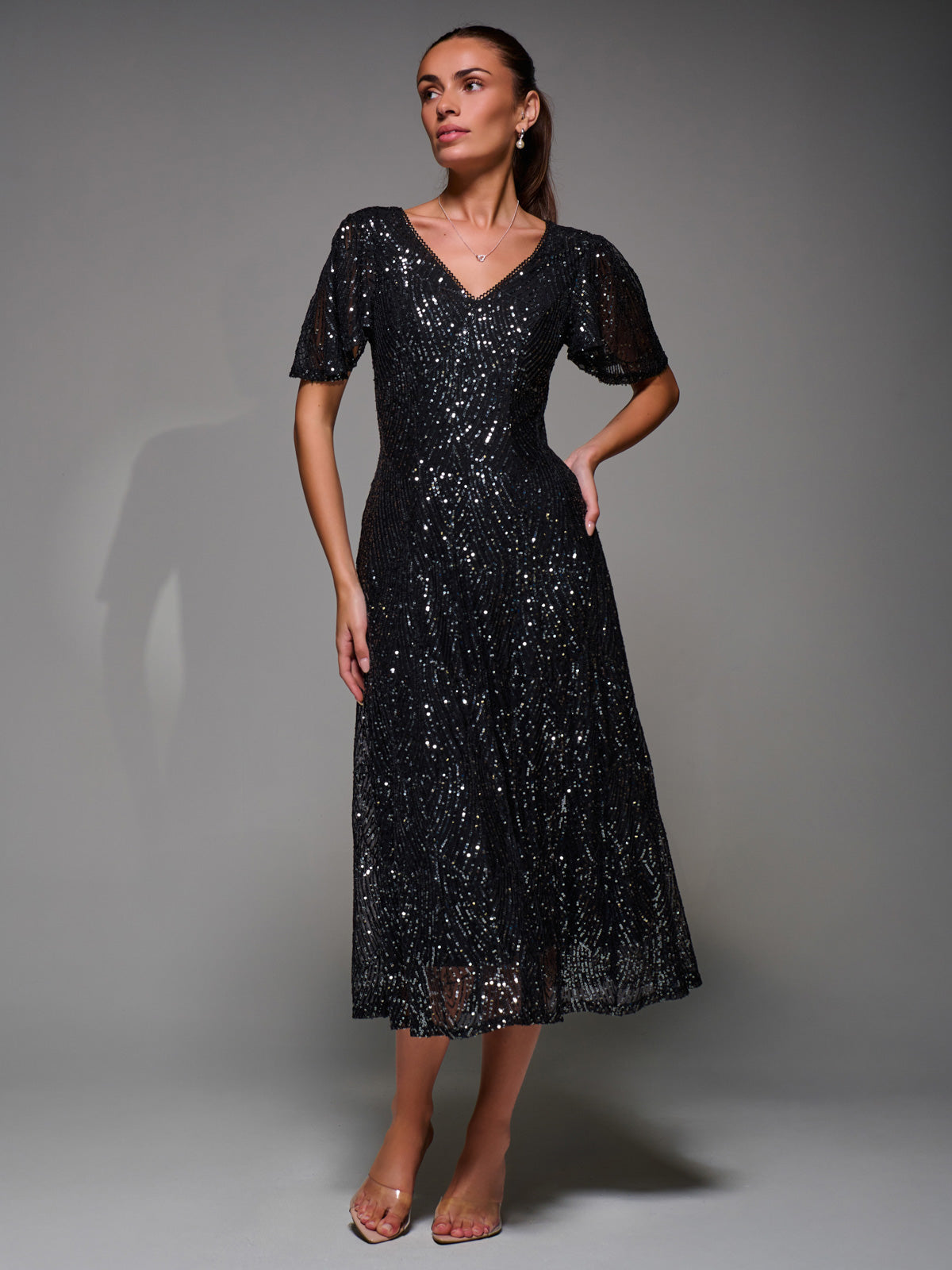Sequin Angel Sleeve Fit & Flare Midaxi Dress Front View 2