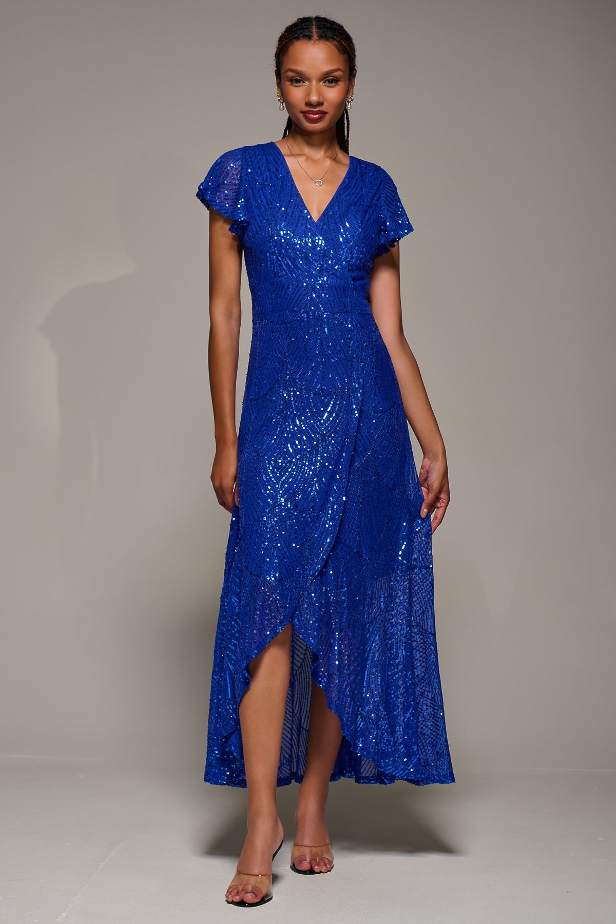 Frill Short Sleeve Sequin Maxi Dress Styled View