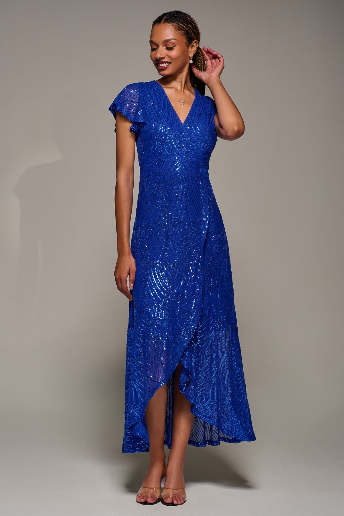 Frill Short Sleeve Sequin Maxi Dress Full Length View