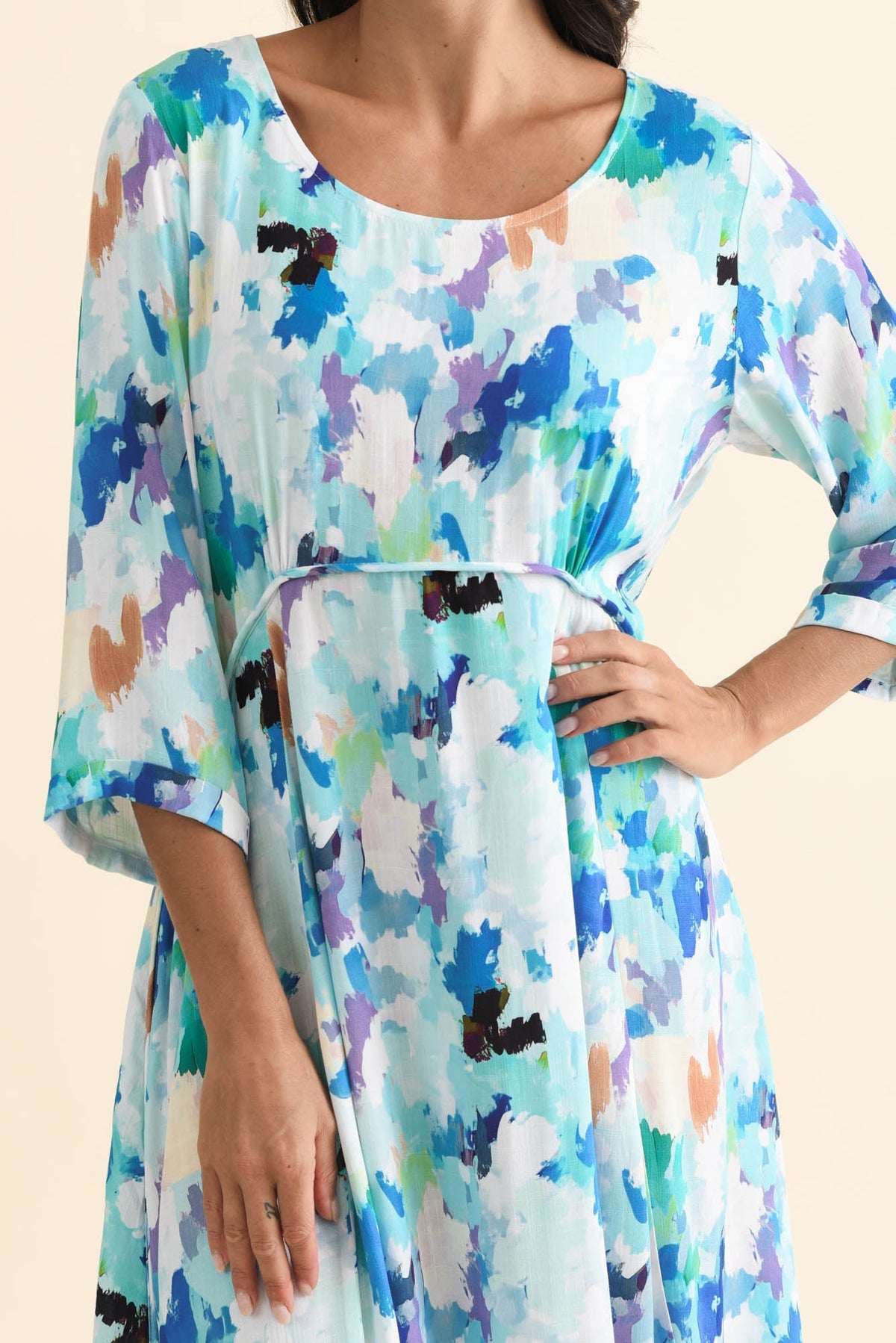 Zaelia Blue Watercolor Sleeved Crescent Dress Full Length View