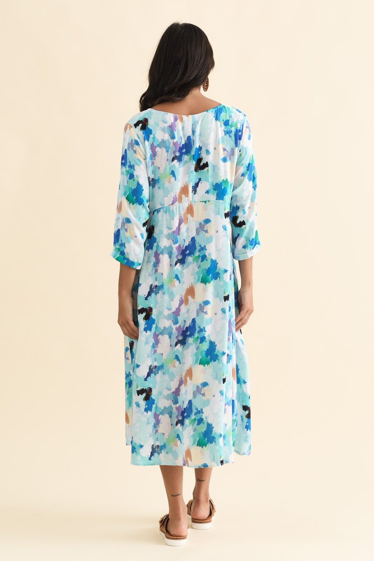 Zaelia Blue Watercolor Sleeved Crescent Dress Side View