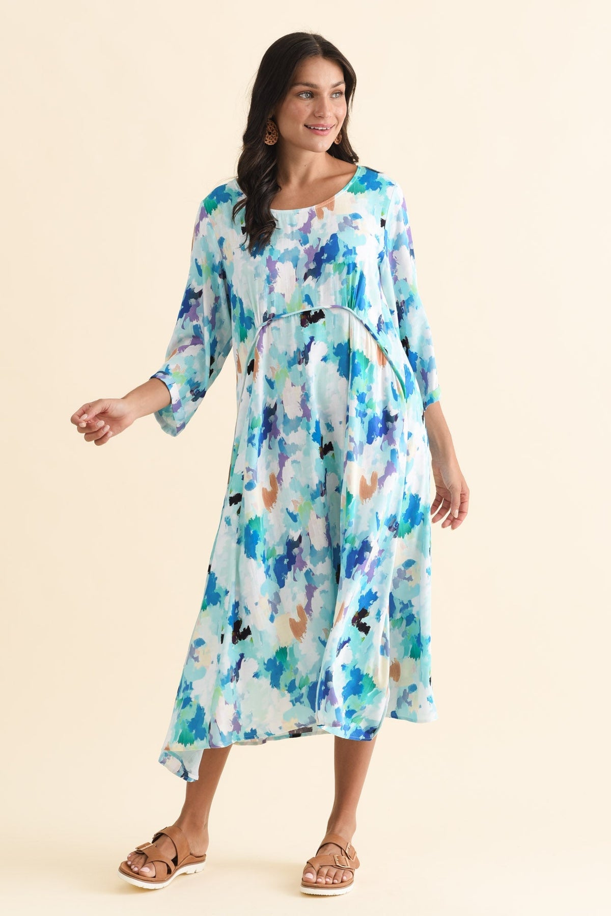 Zaelia Blue Watercolor Sleeved Crescent Dress Back View 2