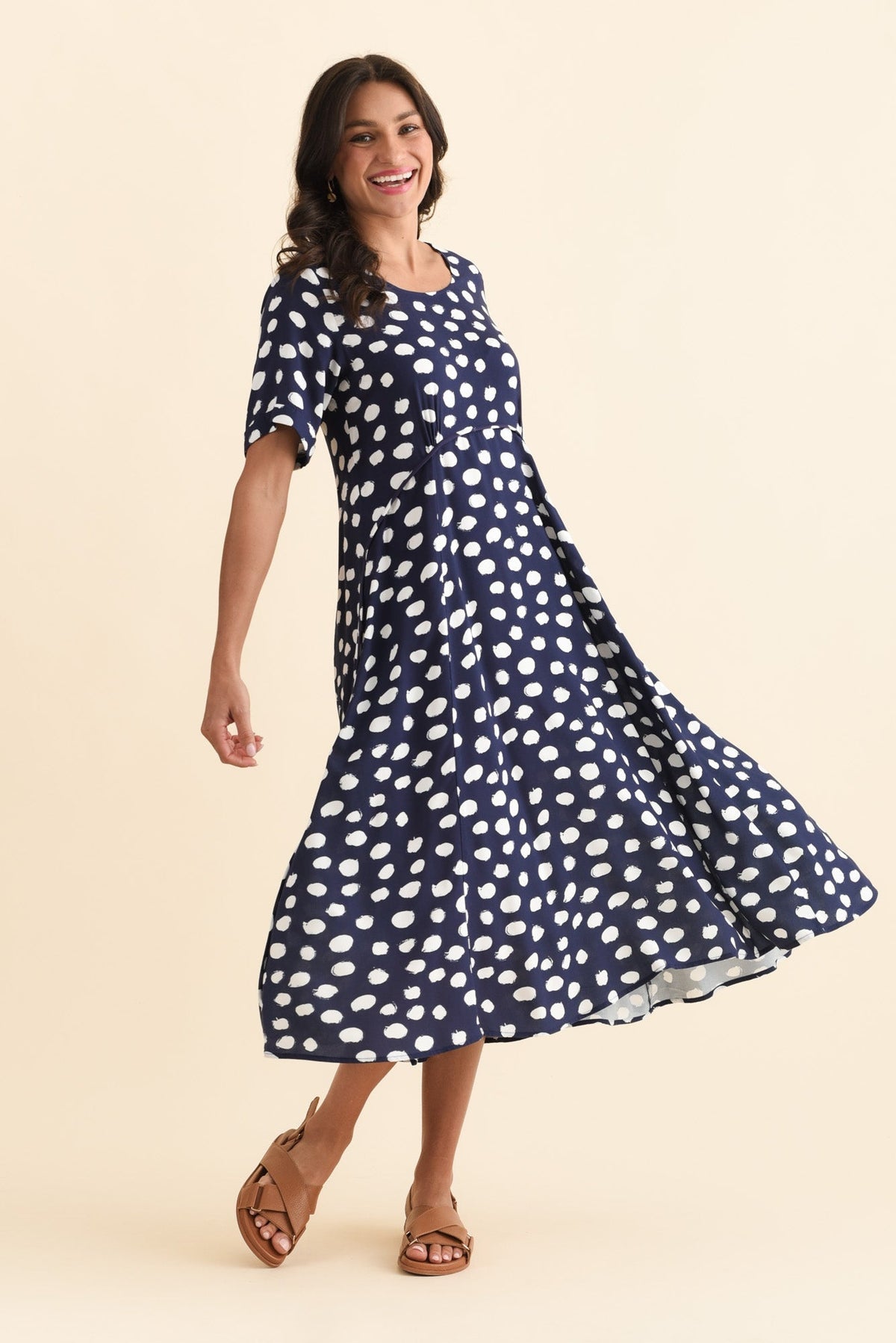 Zaelia Navy Spot Crescent Dress Full Length View