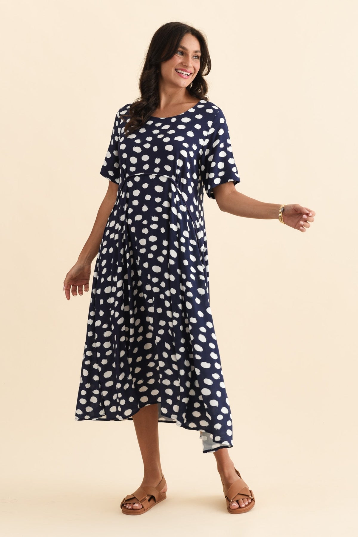Zaelia Navy Spot Crescent Dress Front View