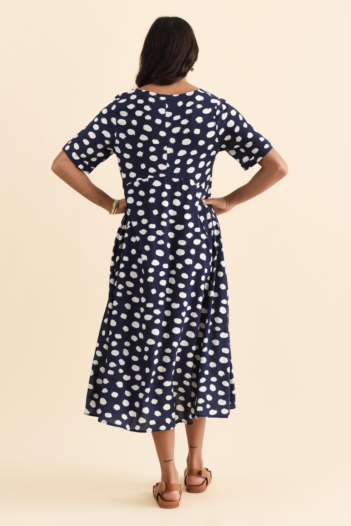 Zaelia Navy Spot Crescent Dress Side View