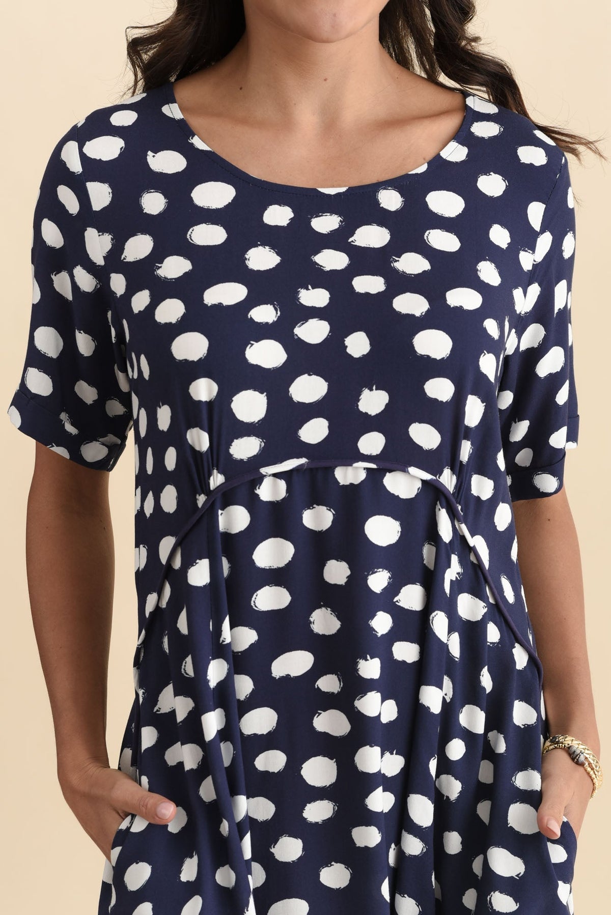 Zaelia Navy Spot Crescent Dress Detail View