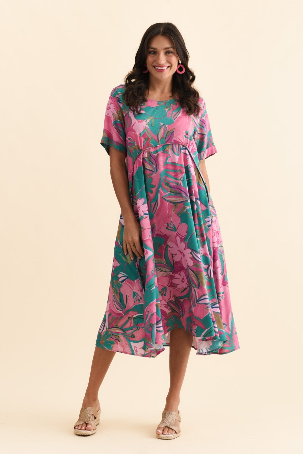 Zaelia Pink Floral Crescent Dress Front View 2