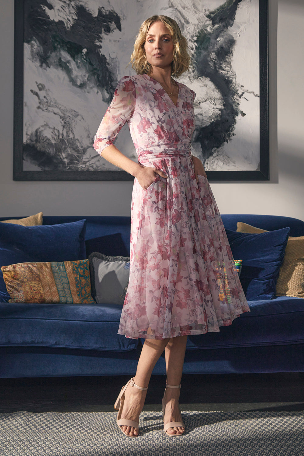 Floral Wrap Front Tea Dress Front View
