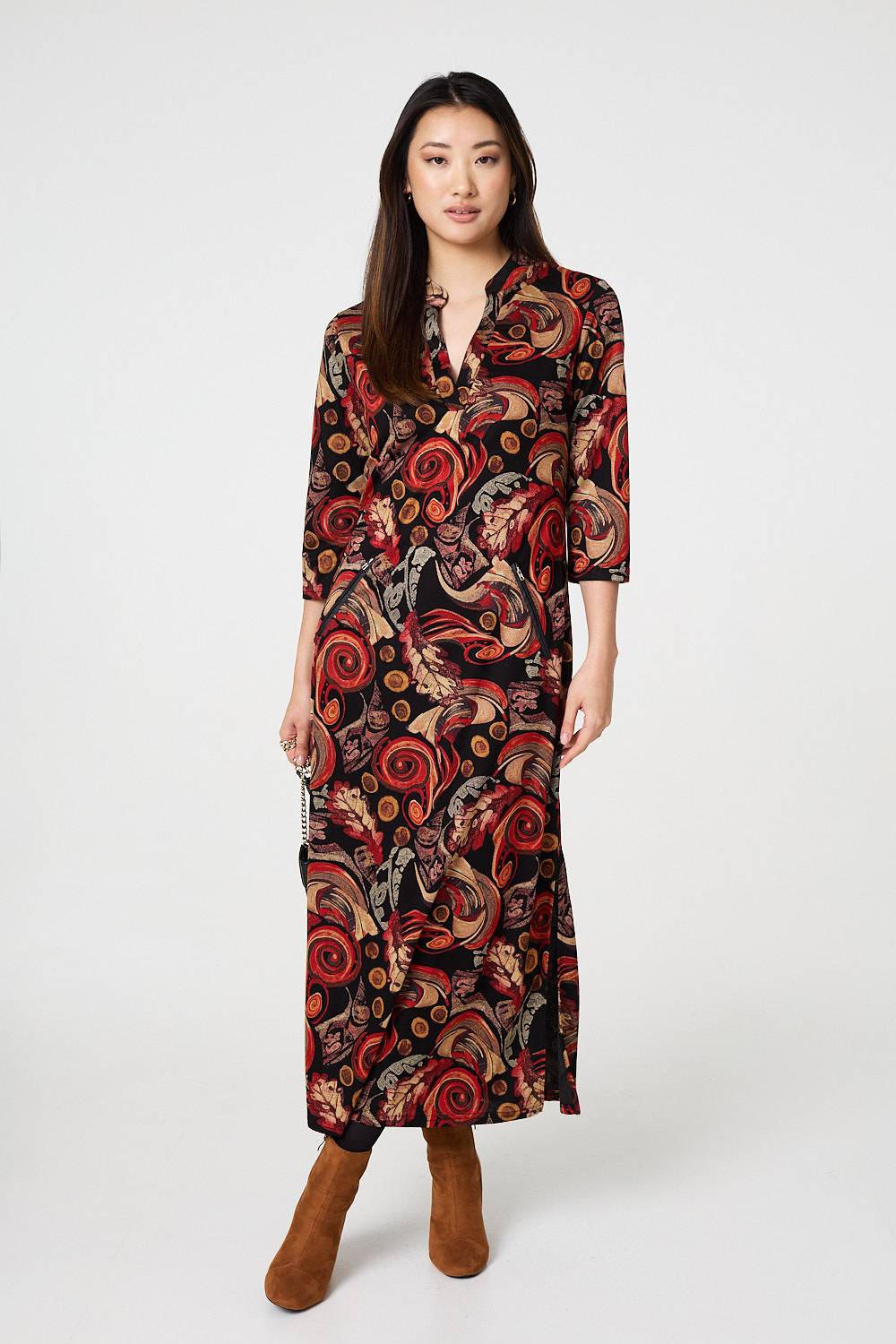 Abstract 3/4 Sleeve Maxi Shift Dress Full Length View