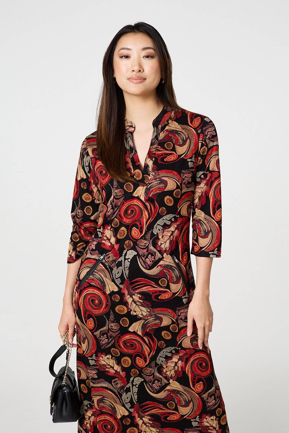 Abstract 3/4 Sleeve Maxi Shift Dress Styled View