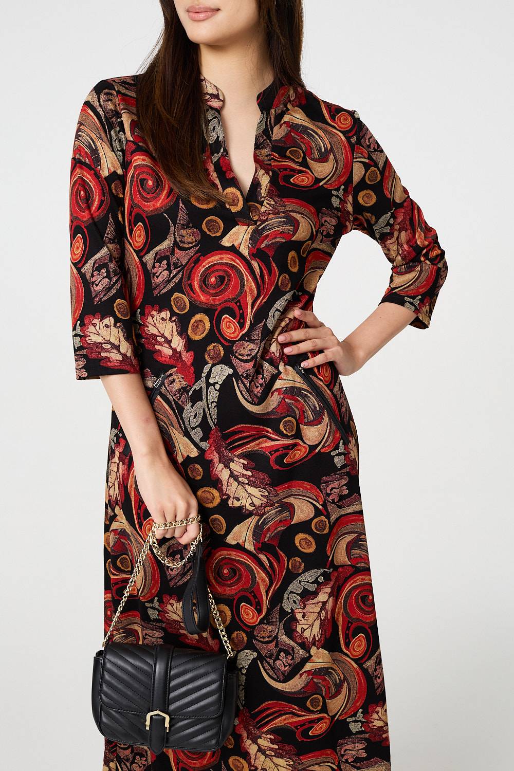 Abstract 3/4 Sleeve Maxi Shift Dress Detail View