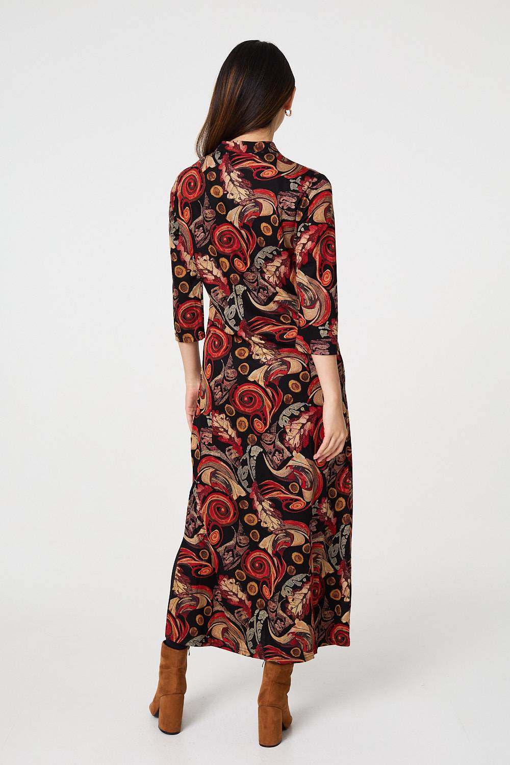 Abstract 3/4 Sleeve Maxi Shift Dress Side View