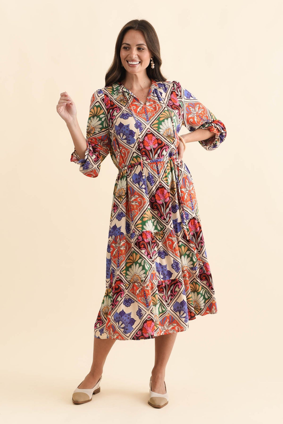 Lyon Orange Tile Sleeved Dress Front View