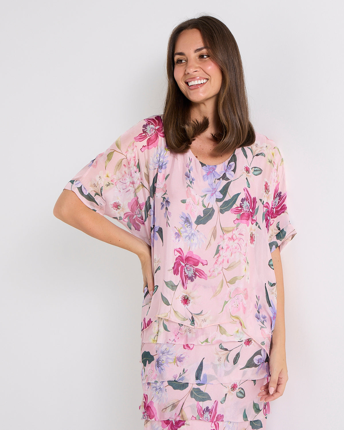 Women's Margo silk blend layered midi dress in Pink Floral