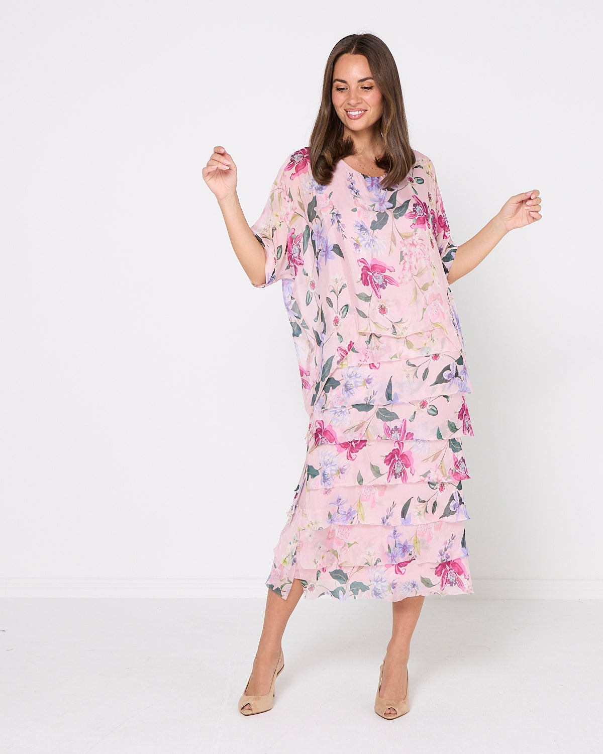 Women's Margo silk blend layered midi dress in Pink Floral