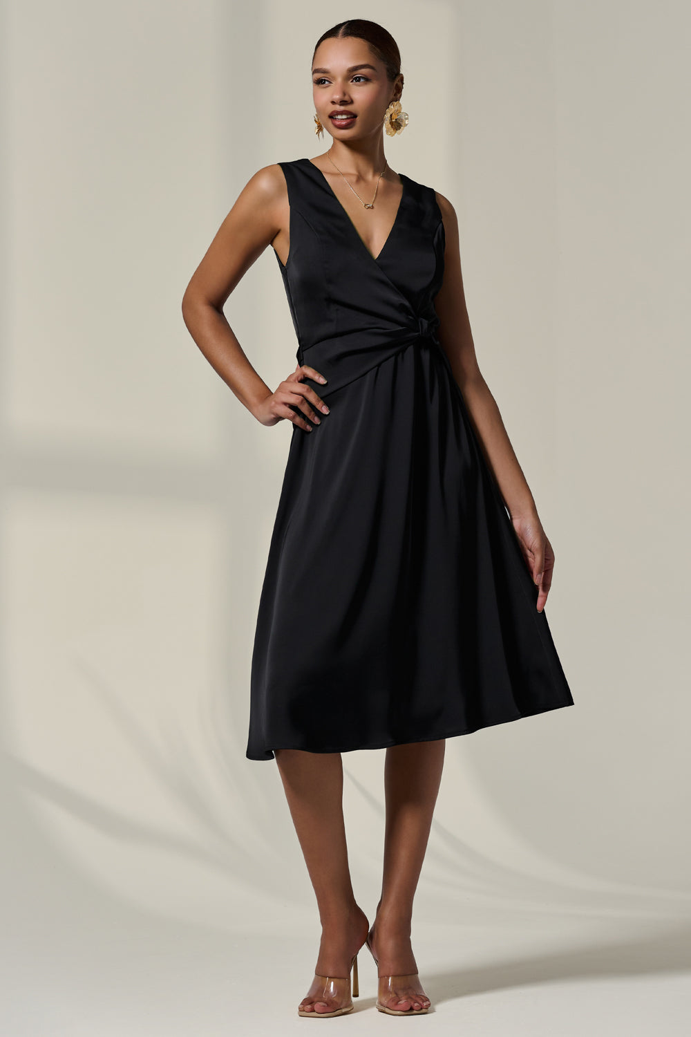 Sleeveless Waist Detail Midi Dress Front View