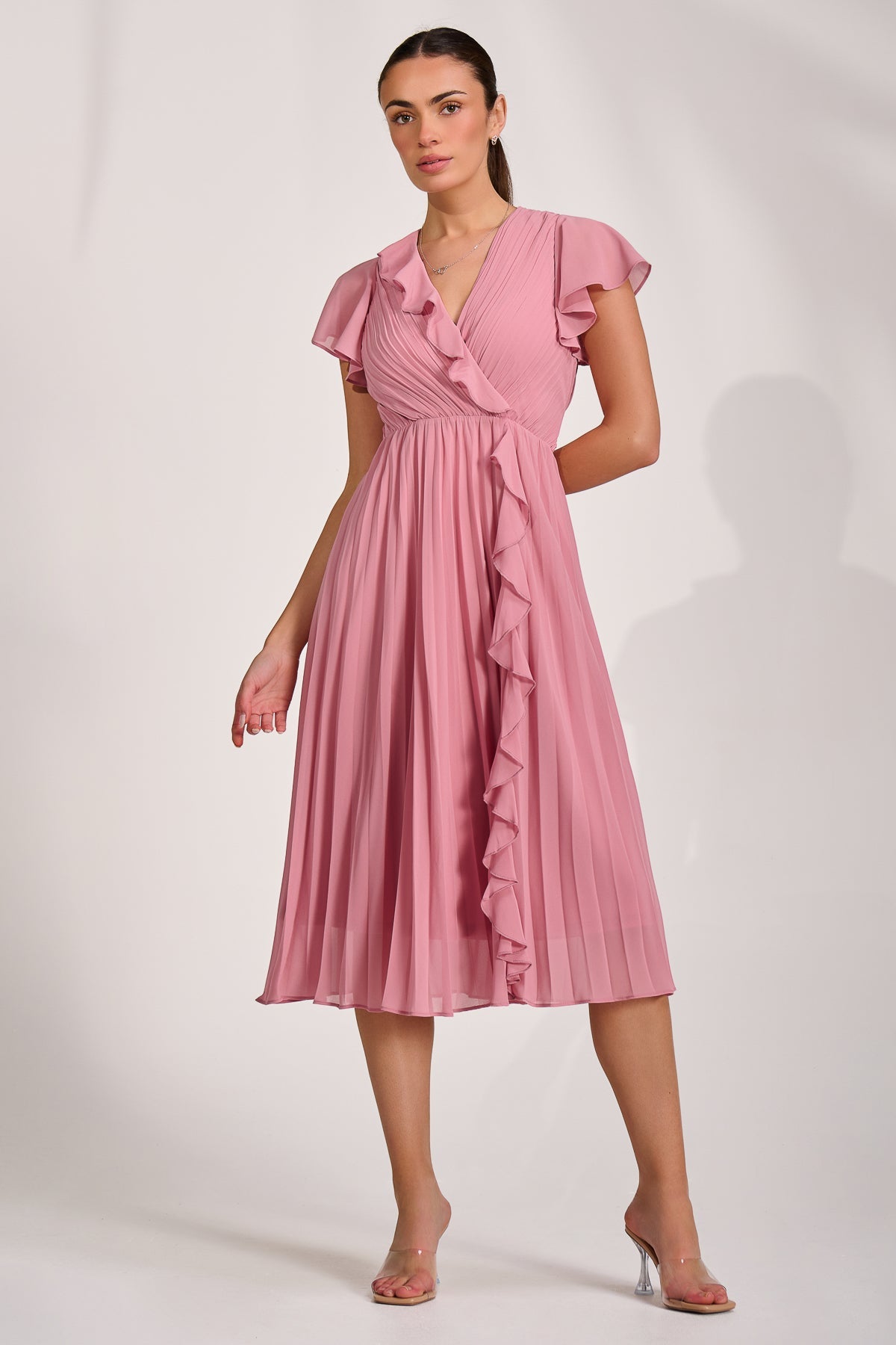 Ruffle Pleated Chiffon Midi Dress Dusty Pink Front View