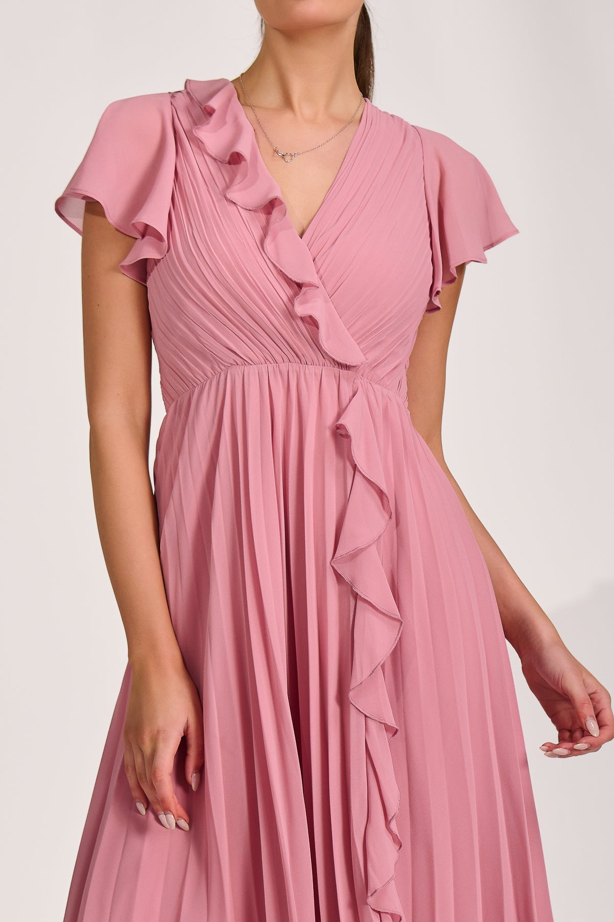 Ruffle Pleated Chiffon Midi Dress Dusty Pink Styled View