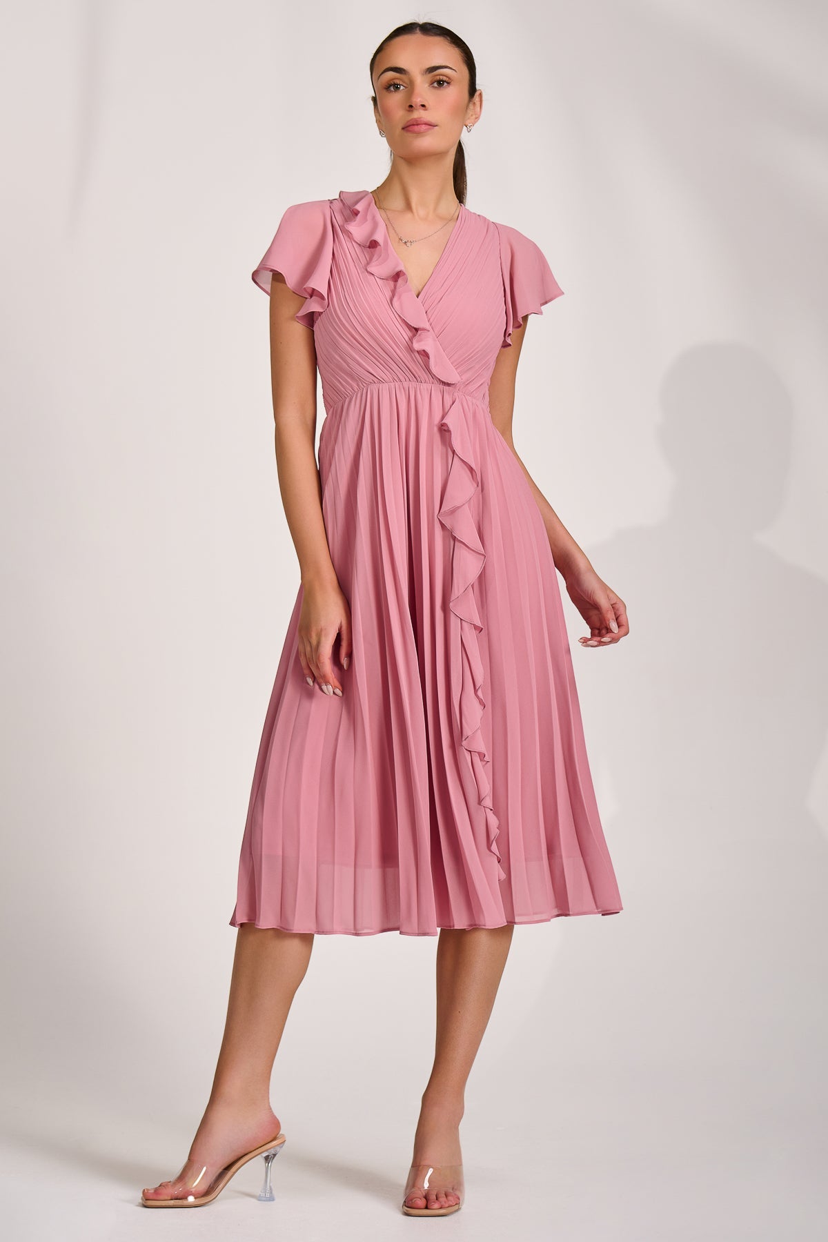 Ruffle Pleated Chiffon Midi Dress Dusty Pink Detail View