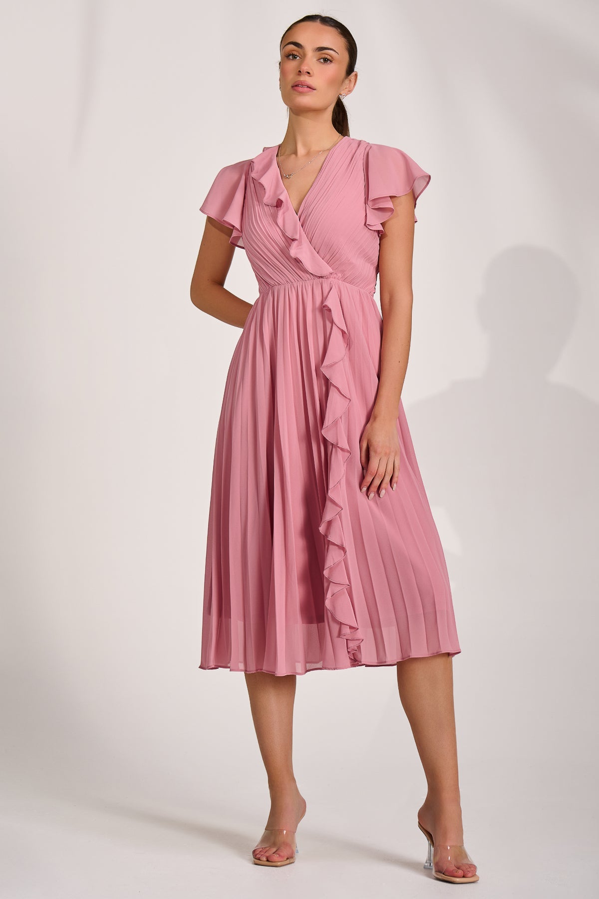 Ruffle Pleated Chiffon Midi Dress Dusty Pink Full Length View