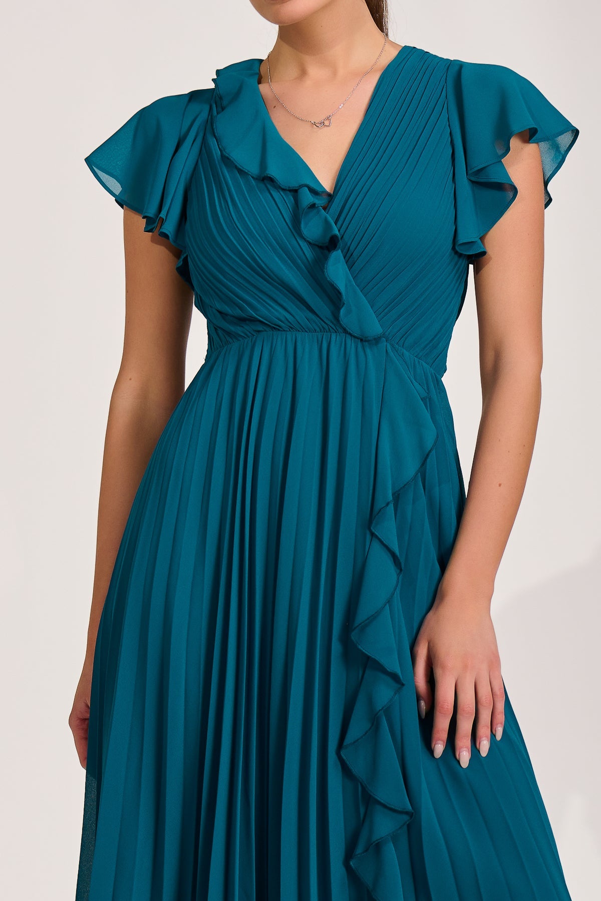 Ruffle Pleated Chiffon Midi Dress Styled View
