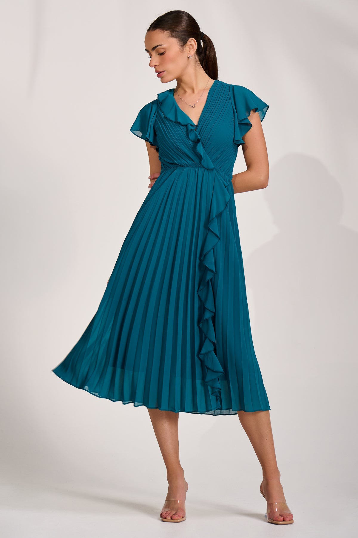 Ruffle Pleated Chiffon Midi Dress Full Length View