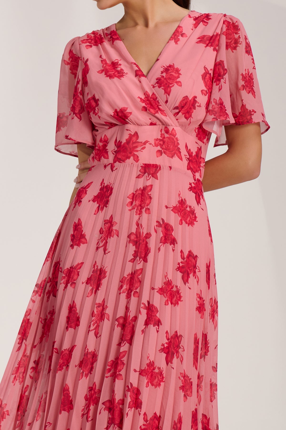 Chiffon Pleated Maxi Dress Coral Floral Styled View