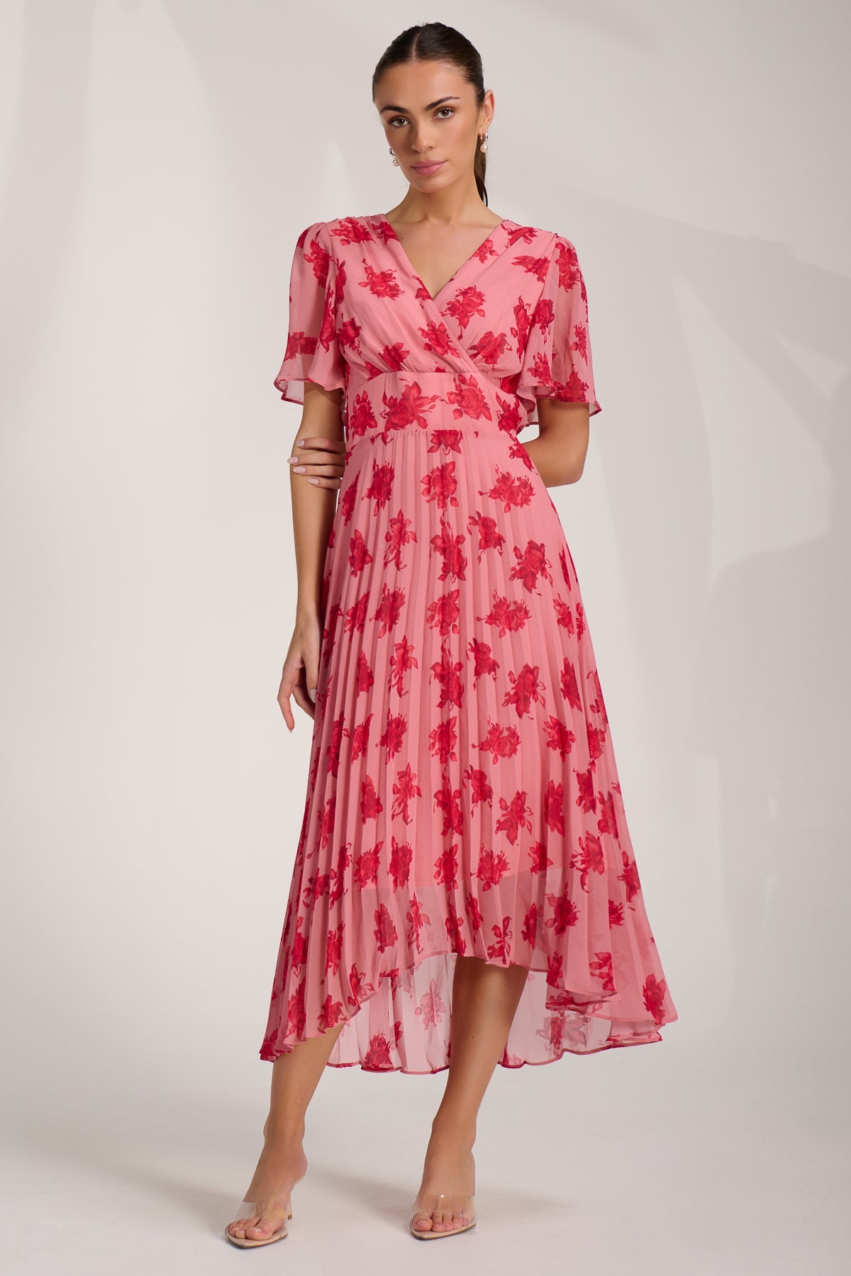 Chiffon Pleated Maxi Dress Coral Floral Side View