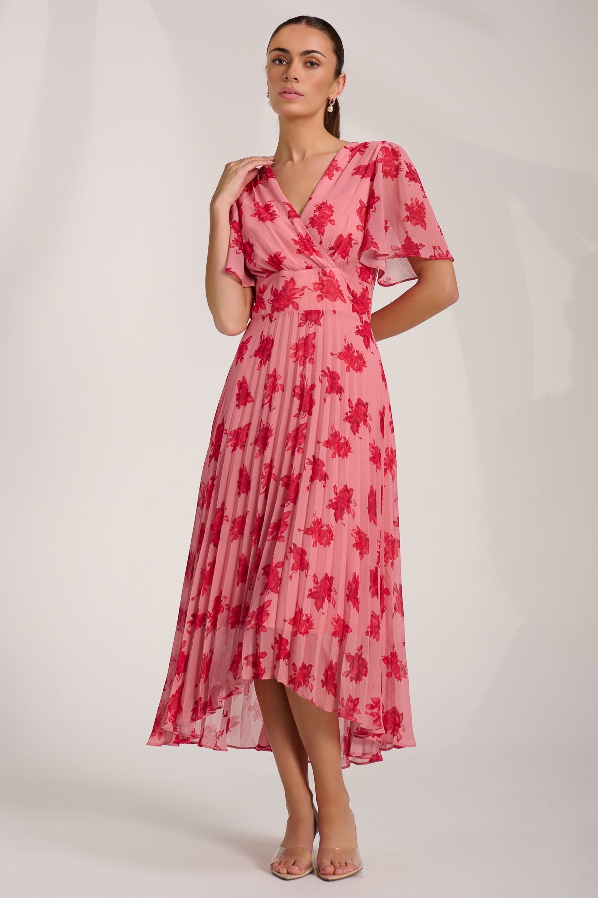 Chiffon Pleated Maxi Dress Coral Floral Detail View