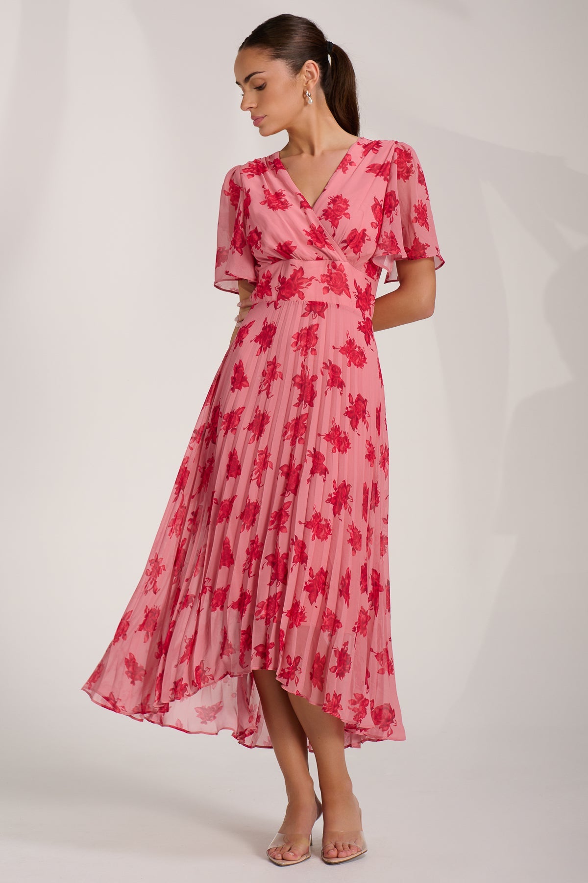 Chiffon Pleated Maxi Dress Coral Floral Full Length View
