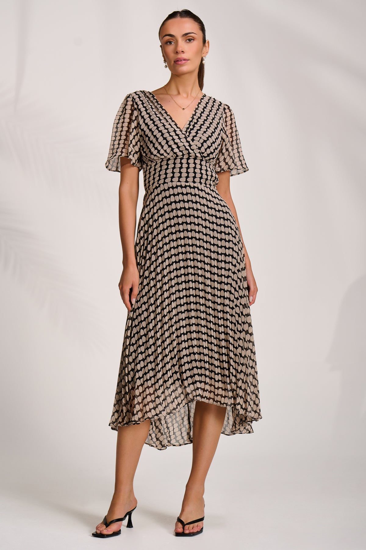 Pleated Chiffon Maxi Dress Stone/Black Front View 2