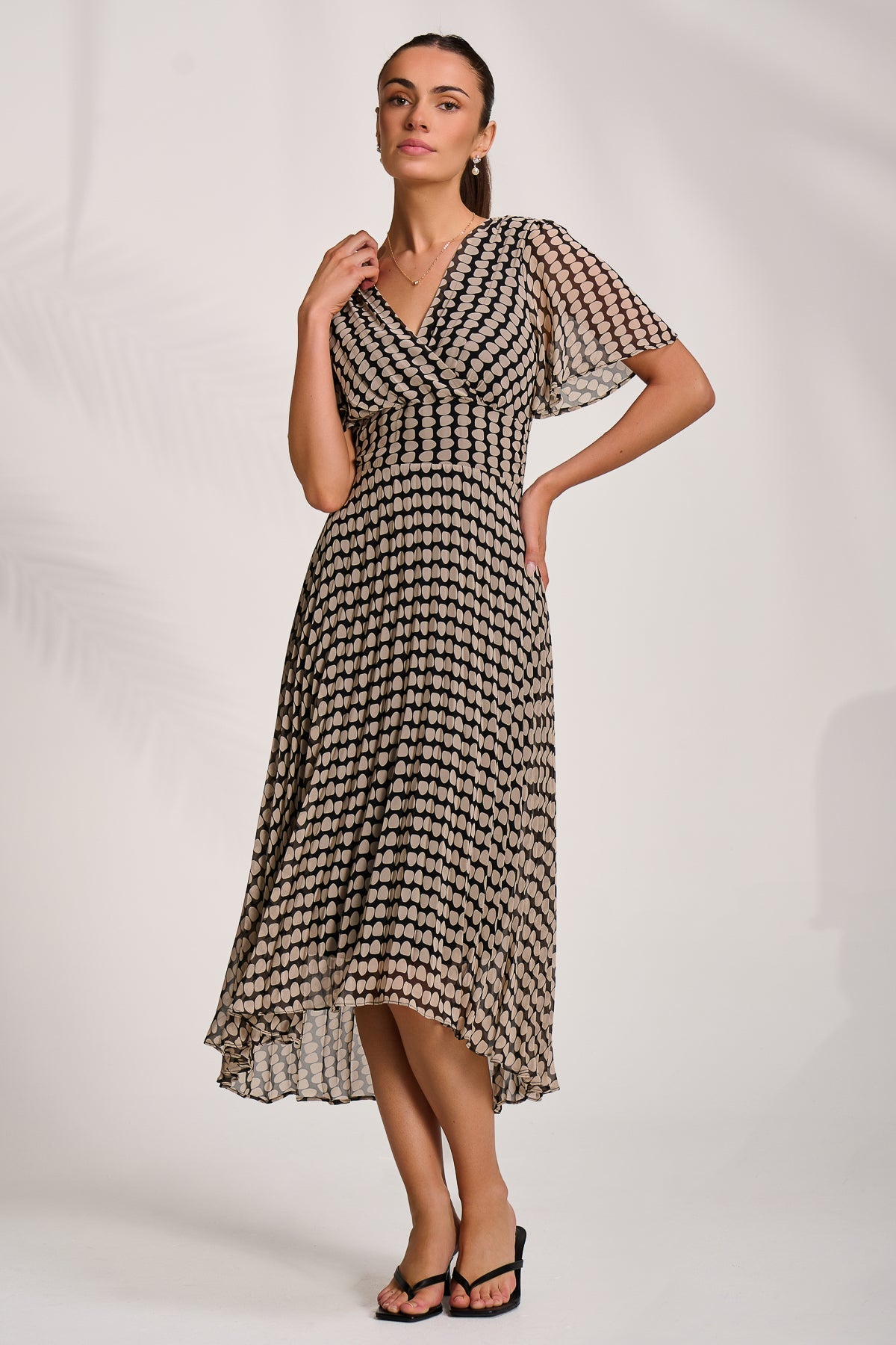 Pleated Chiffon Maxi Dress Stone/Black Front View