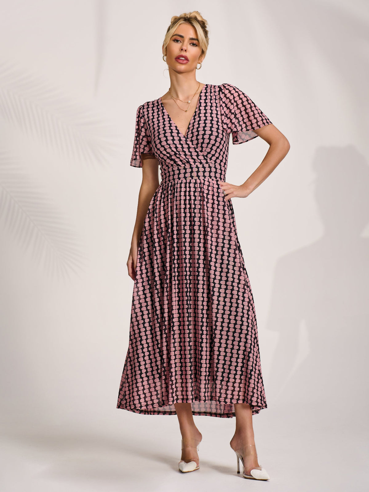 Mesh Short Sleeve Midaxi Dress PINK GEO Front View