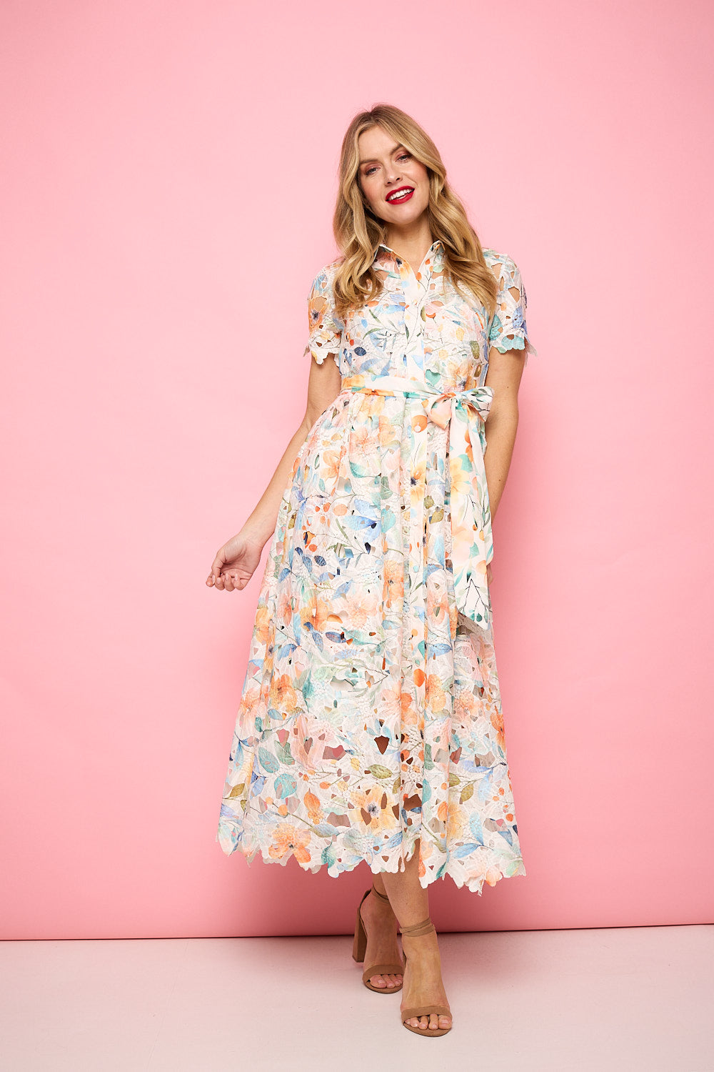 Floral Lace Tie Waist Midi Shirt Dress Front View