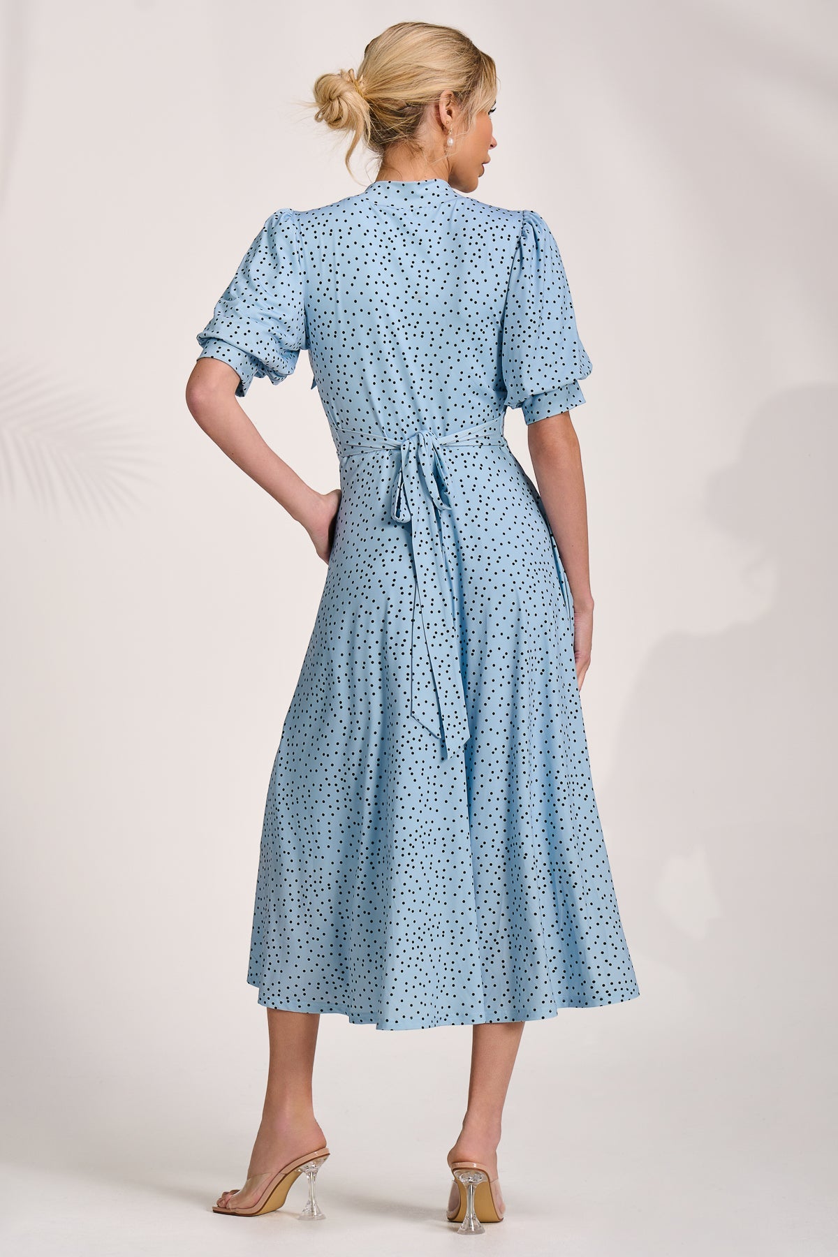 Tie Neck Puffy Sleeve Jersey Midi Dress Blue Spot Back View