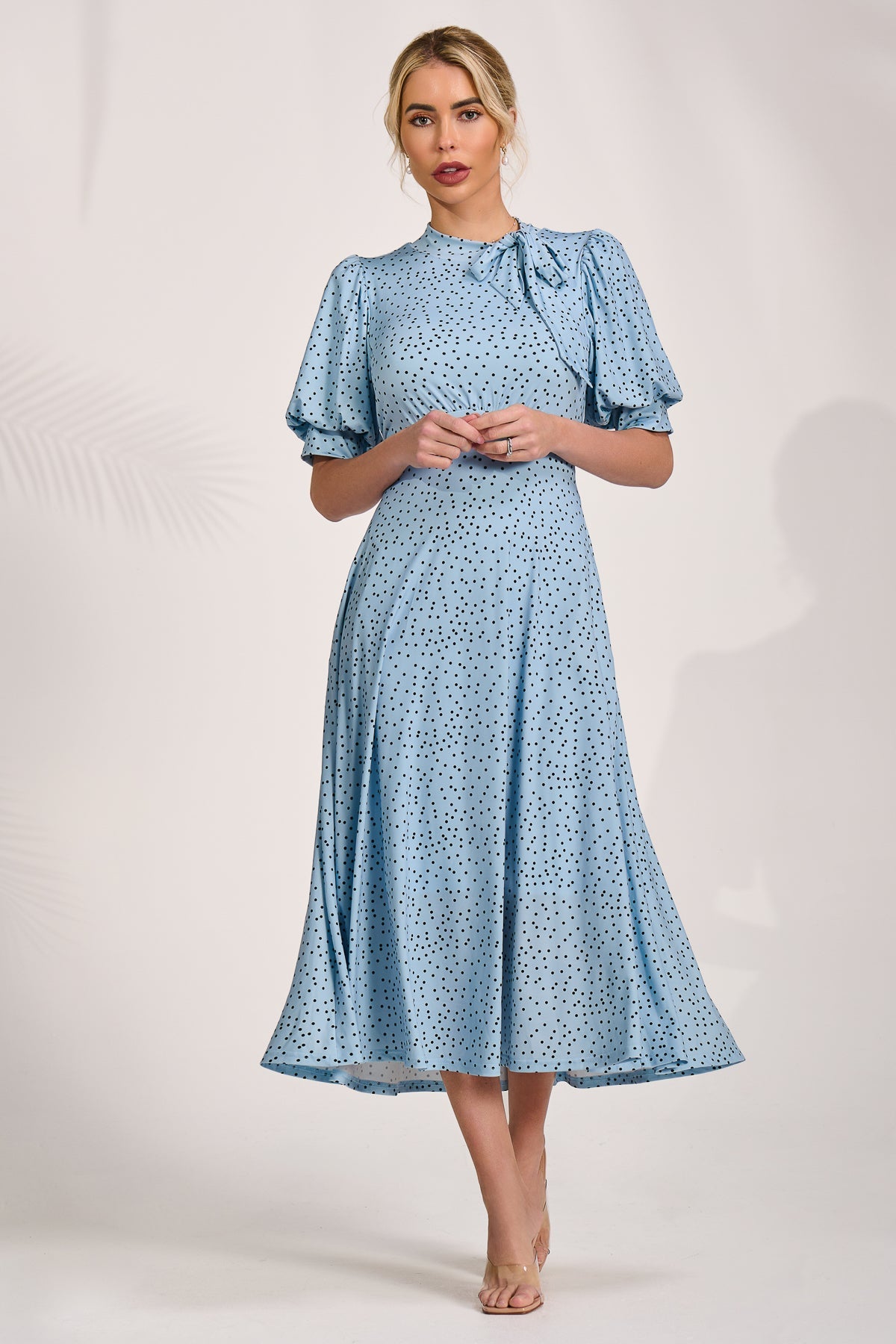 Tie Neck Puffy Sleeve Jersey Midi Dress Blue Spot Full Length View