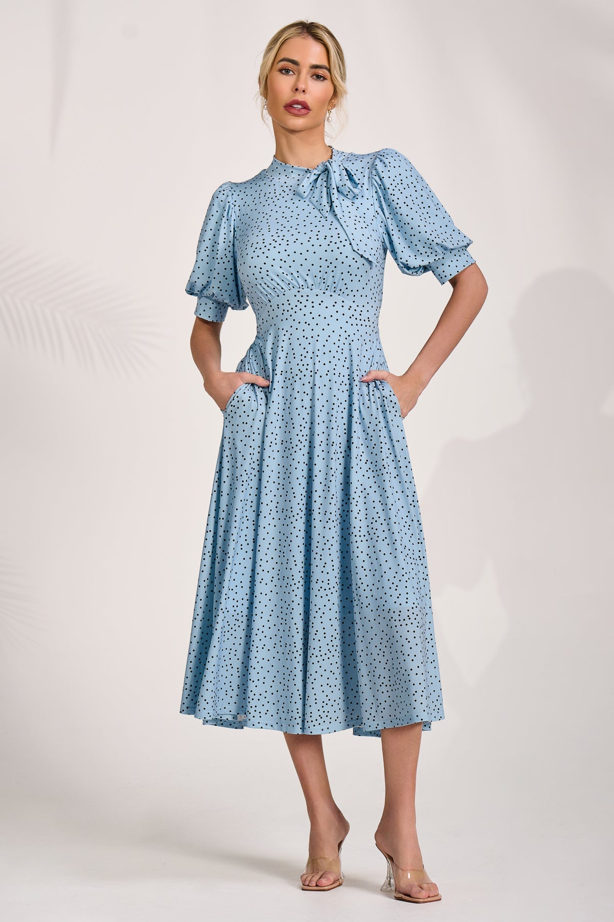 Tie Neck Puffy Sleeve Jersey Midi Dress Blue Spot Detail View