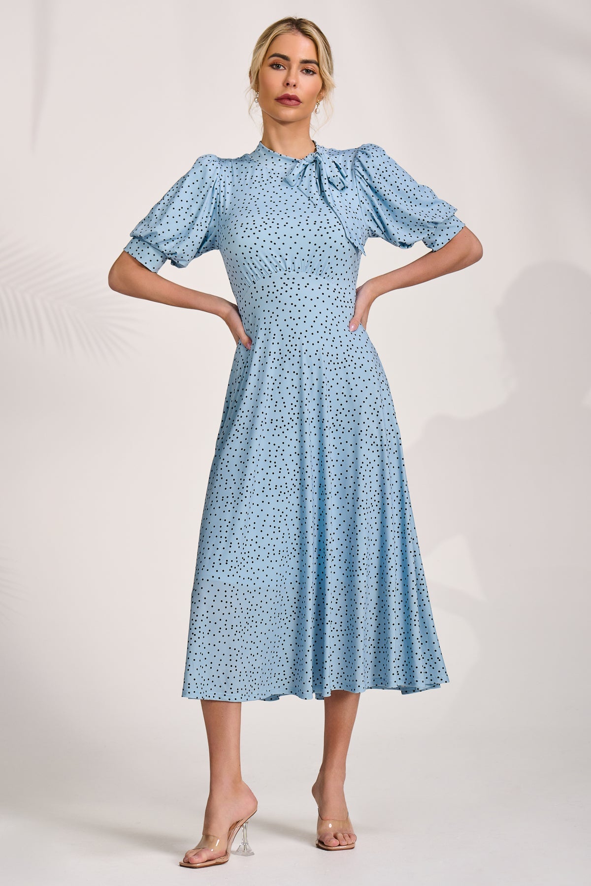 Tie Neck Puffy Sleeve Jersey Midi Dress Blue Spot Styled View