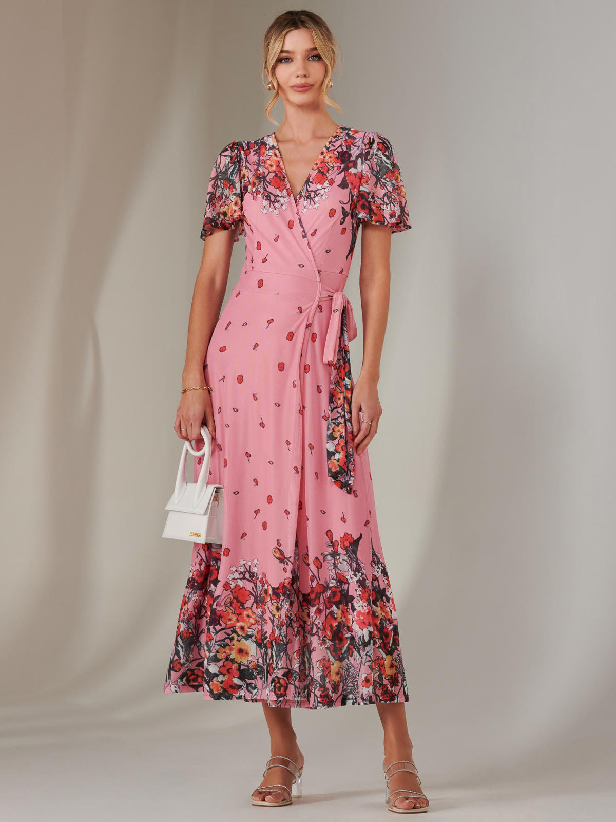 Mirror Print Mesh Wrap Maxi Dress Detail View