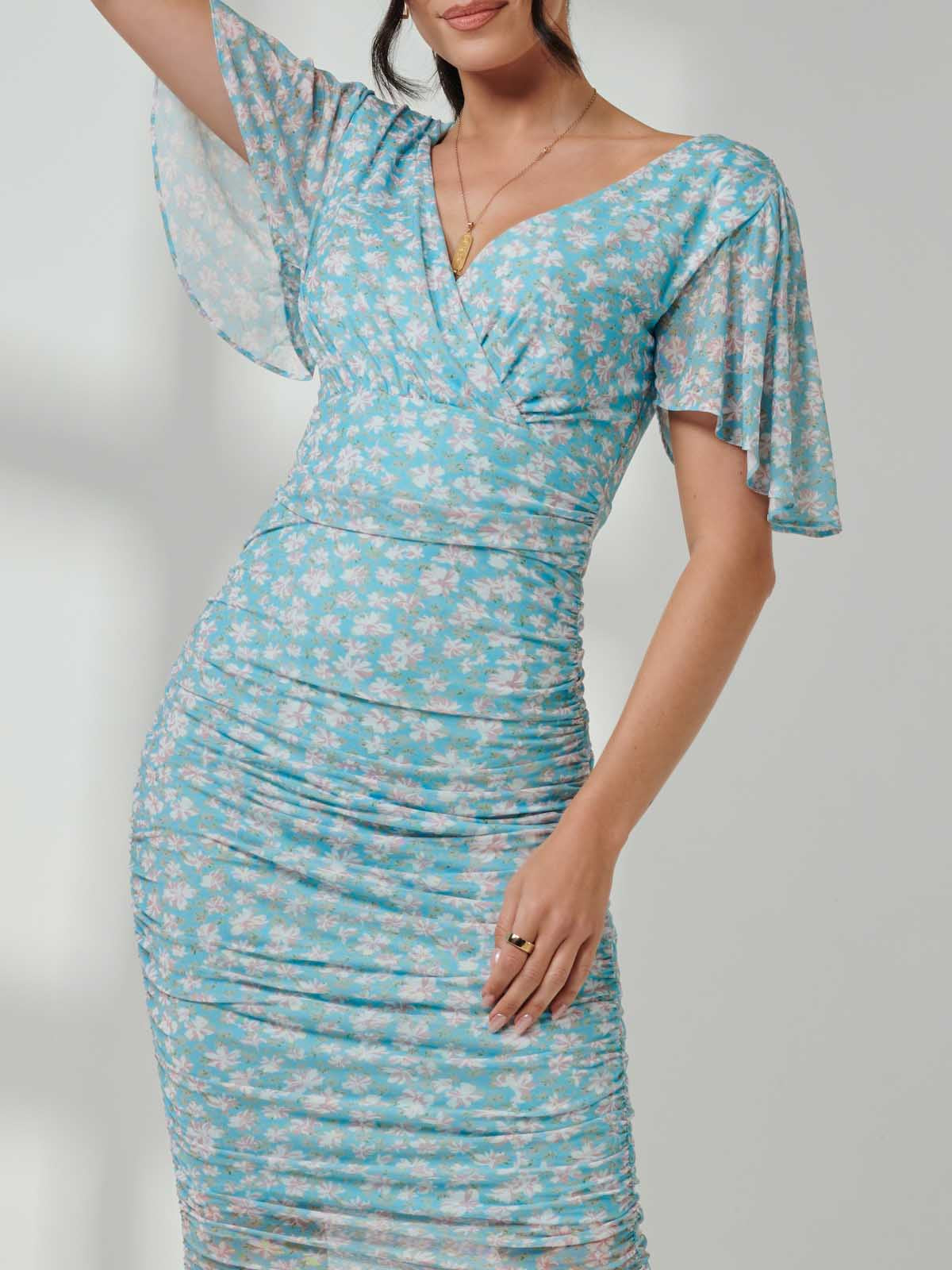 Angel Sleeved Floral Mesh Bodycon Dress Back View