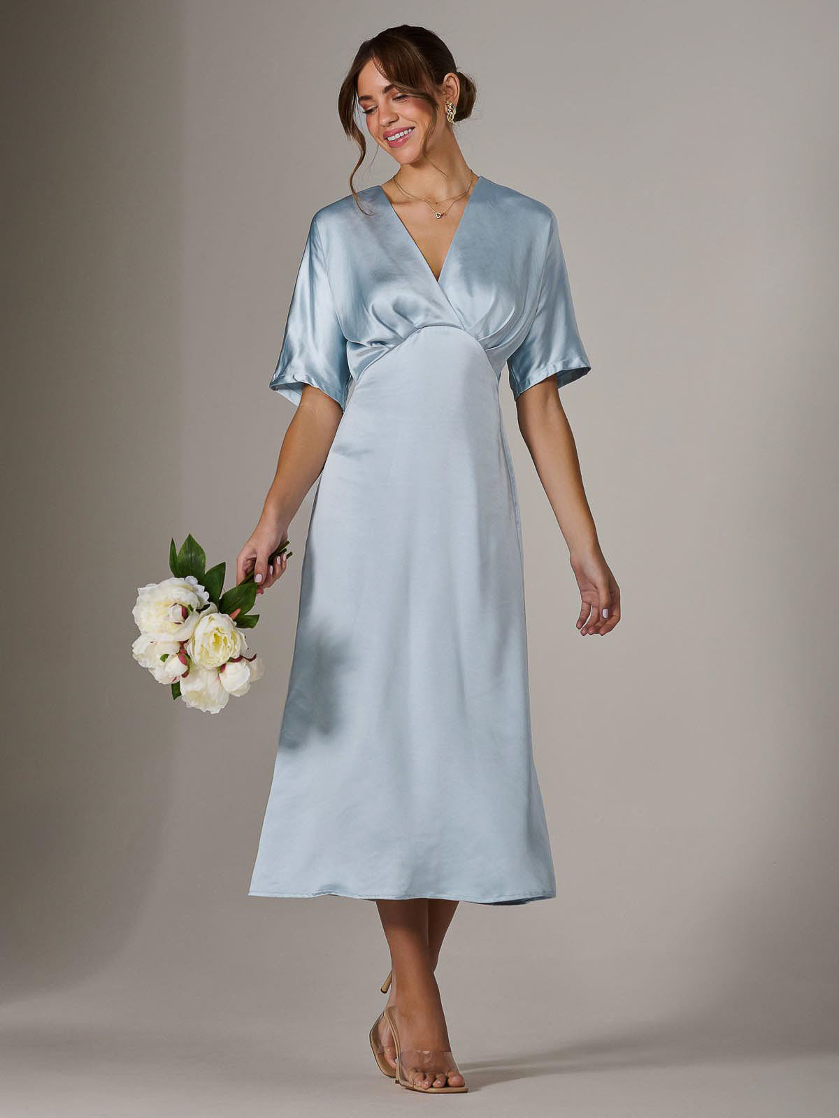 Satin A-Line Midaxi Dress BLUE Front View
