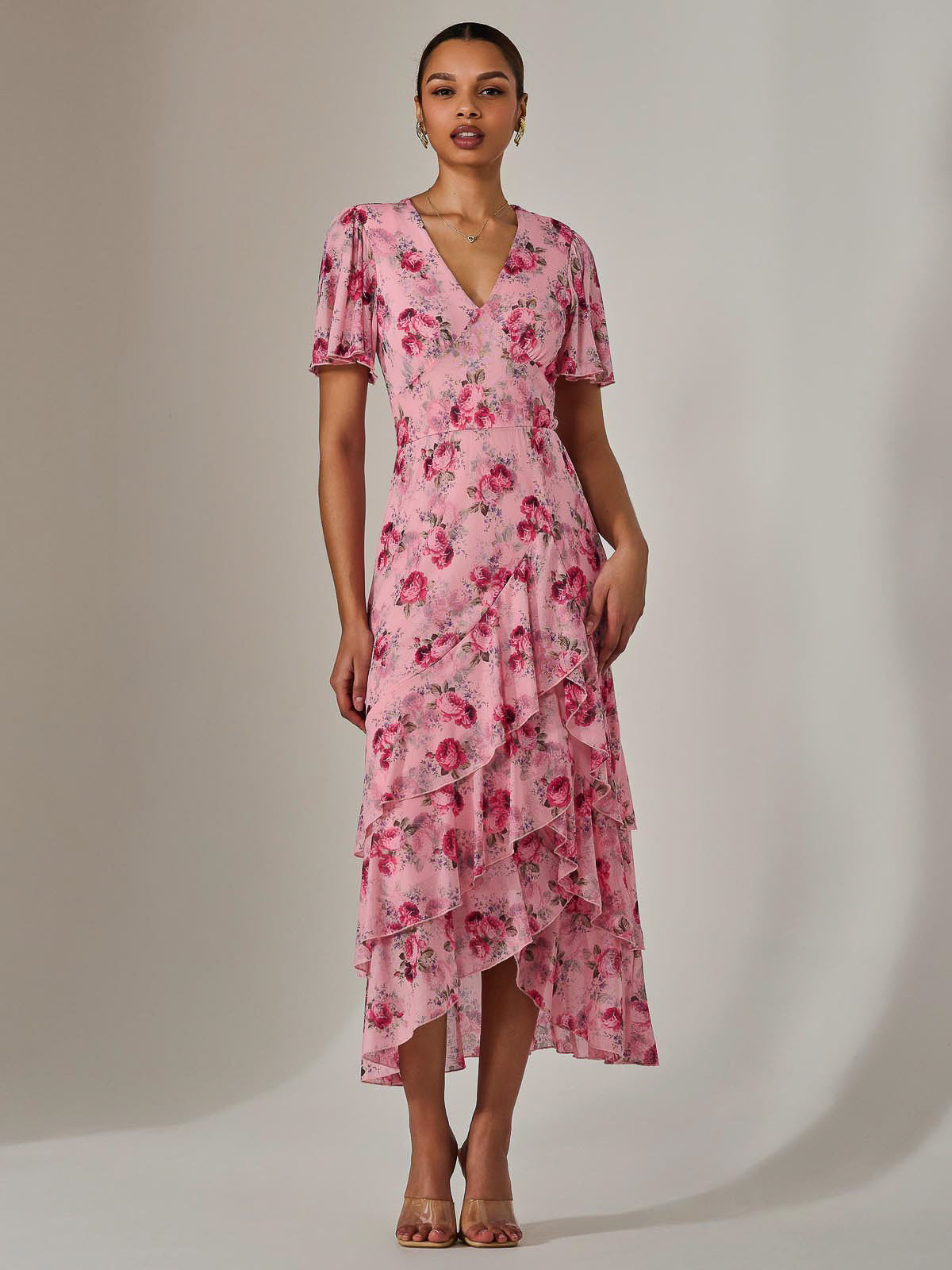 Mesh Print Frill Hem Midaxi Dress Front View