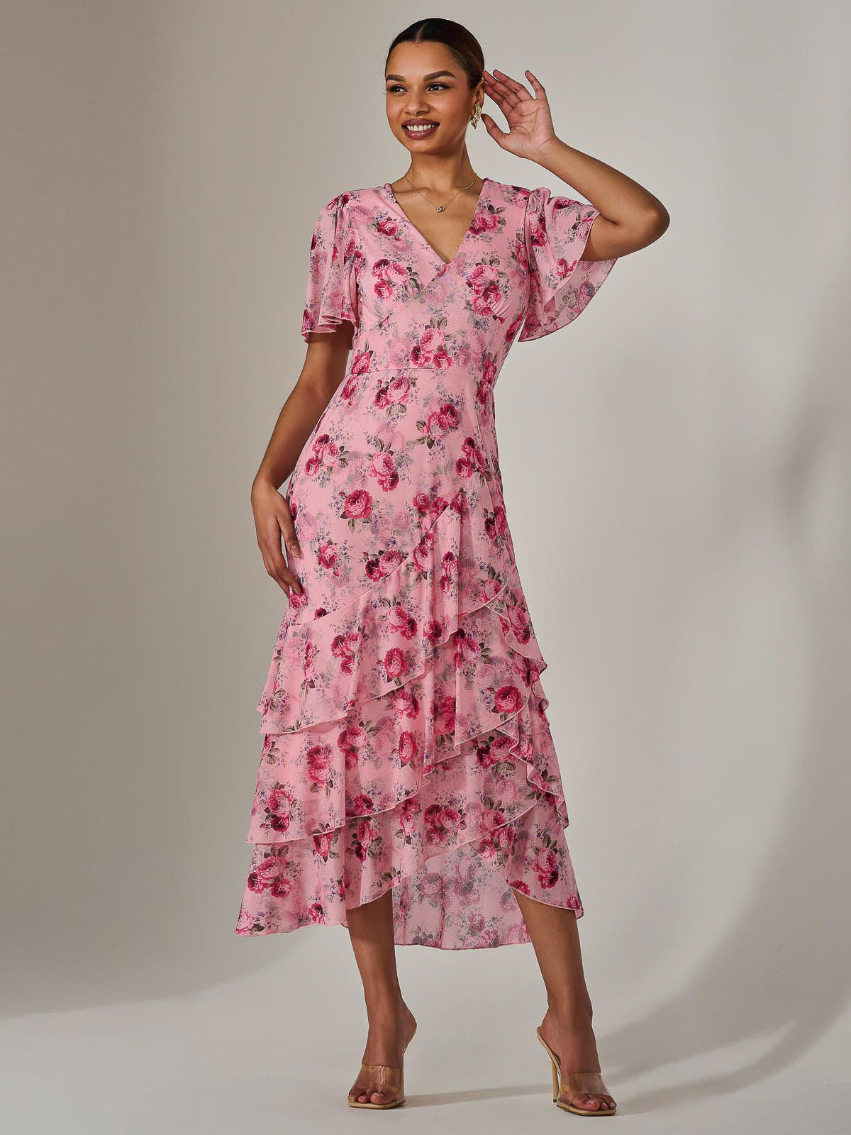 Mesh Print Frill Hem Midaxi Dress Detail View