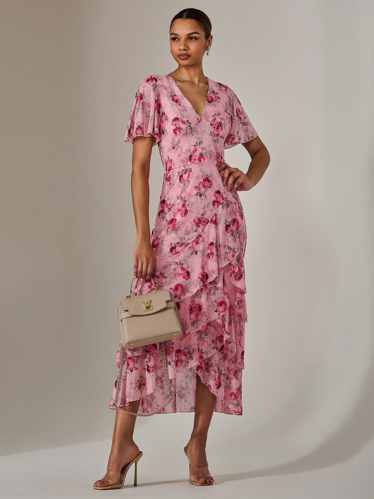Mesh Print Frill Hem Midaxi Dress Full Length View
