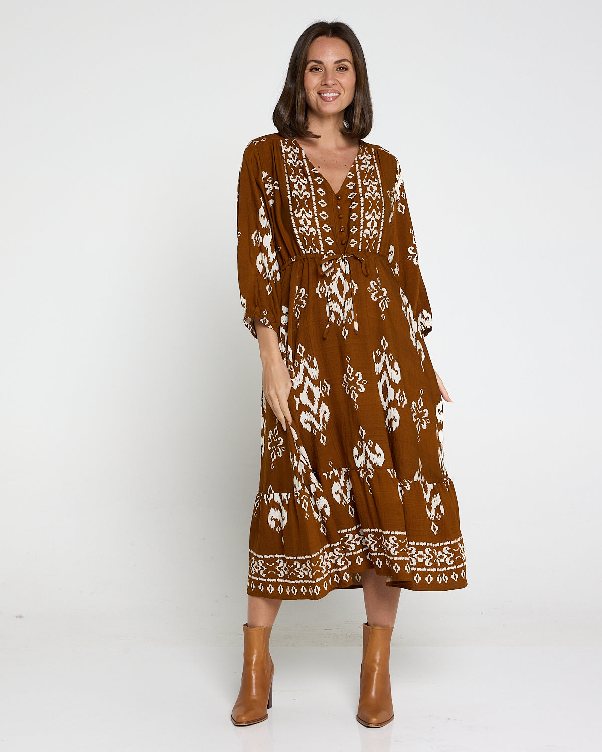 Women's Rosalie printed tiered midi dress in Brown