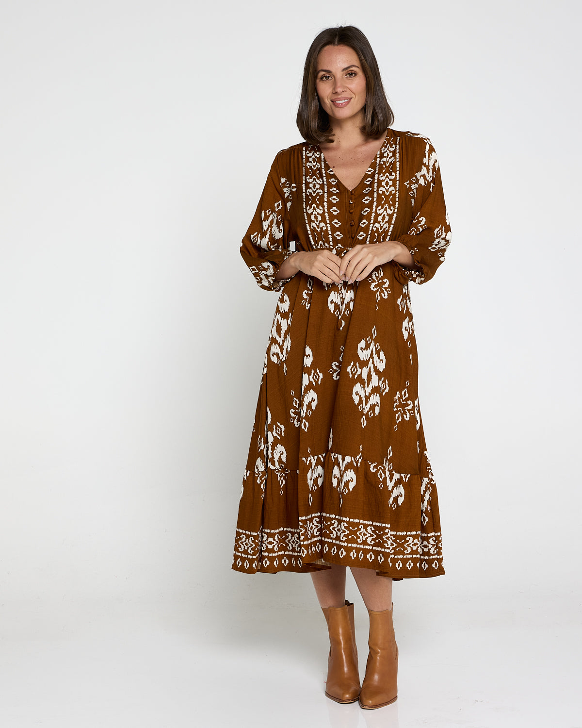 Women's Rosalie printed tiered midi dress in Brown