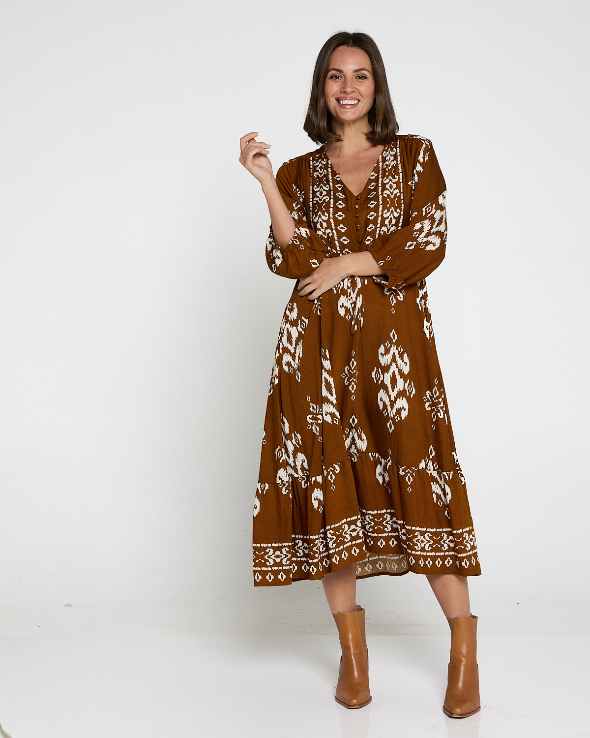 Women's Rosalie printed tiered midi dress in Brown