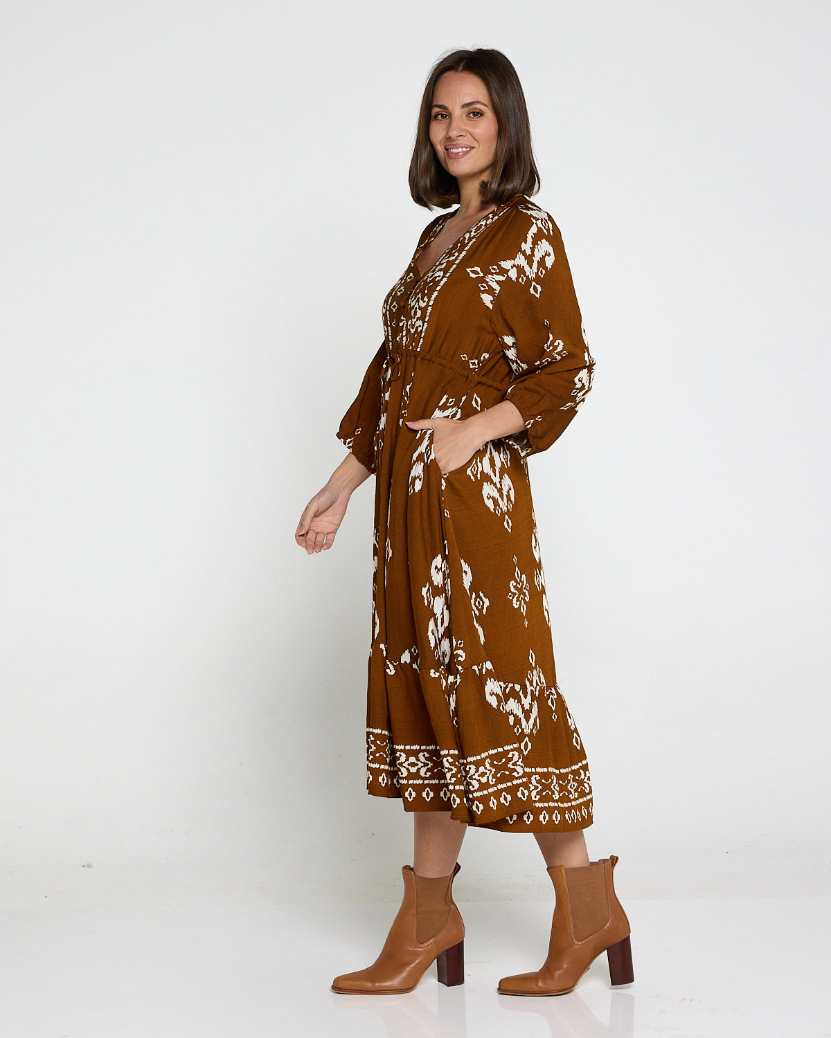 Women's Rosalie printed tiered midi dress in Brown